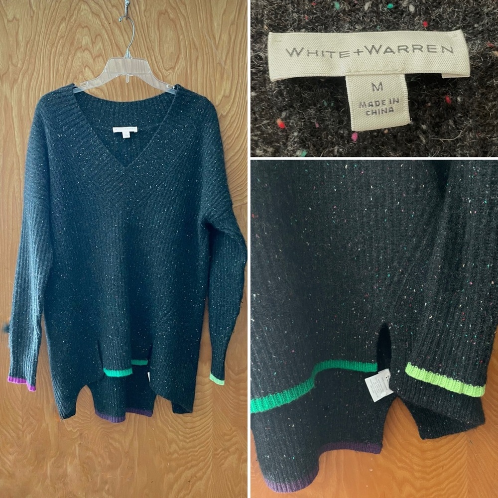 White + Warren cashmere sweater, black with neon trim, oversized medium